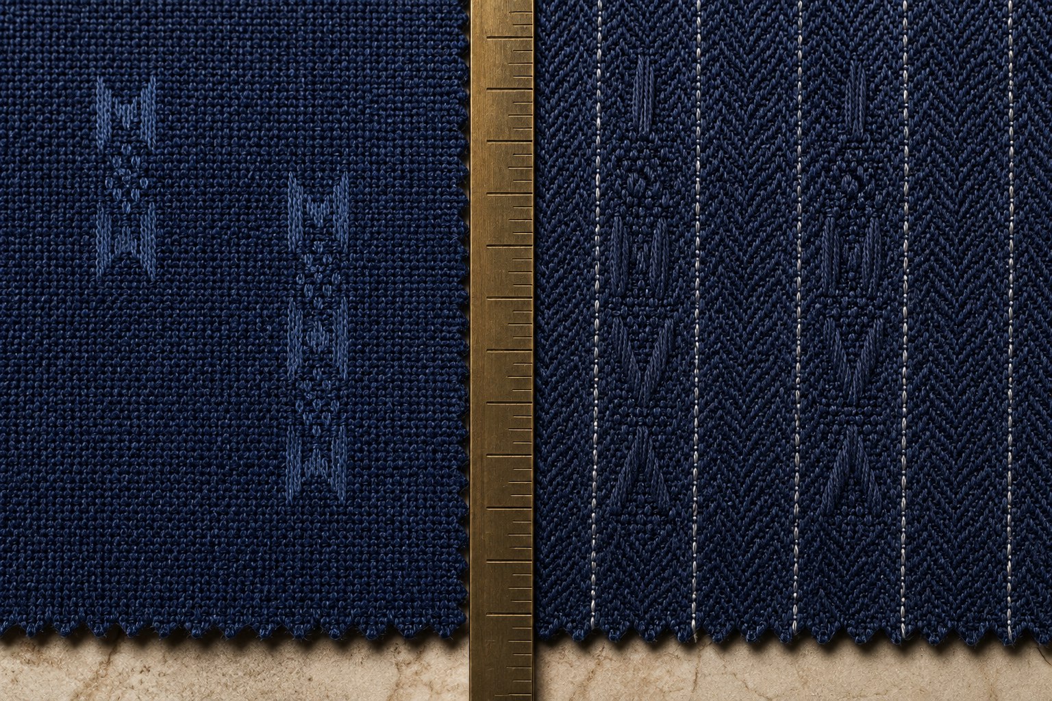 Close comparison between a surface-applied identity motif and an identity motif integrated into navy woven fabric